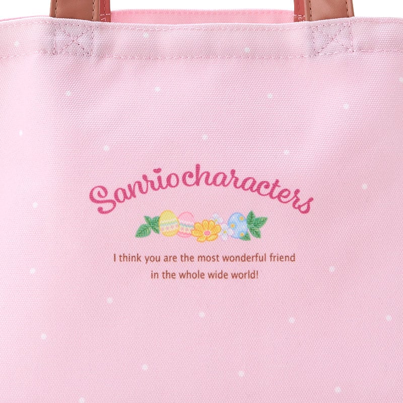 Carrying the cute Sanrio tote bag in a spring park setting, perfect for snacks