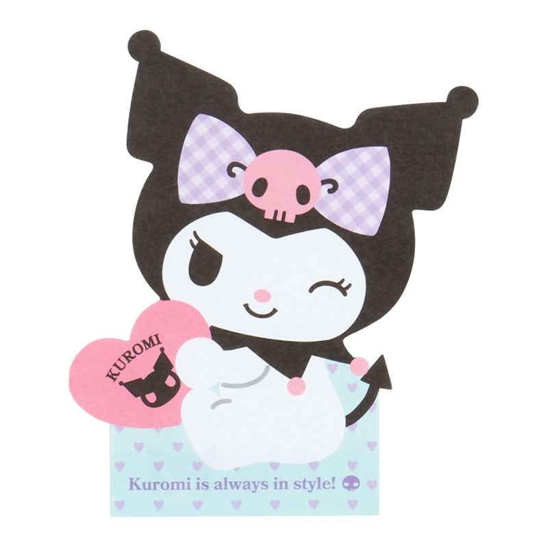 Kuromi die-cut memo pad displayed on a desk with pastel stationery