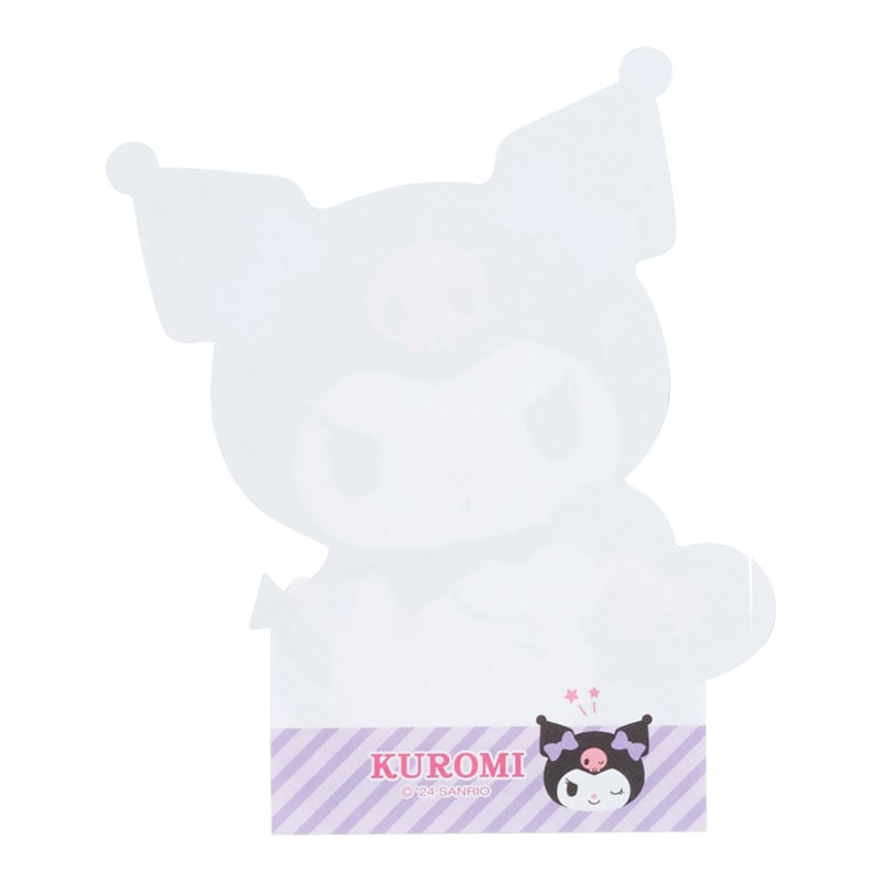 Close-up of Sanrio memo pad sheets showing three playful Kuromi faces