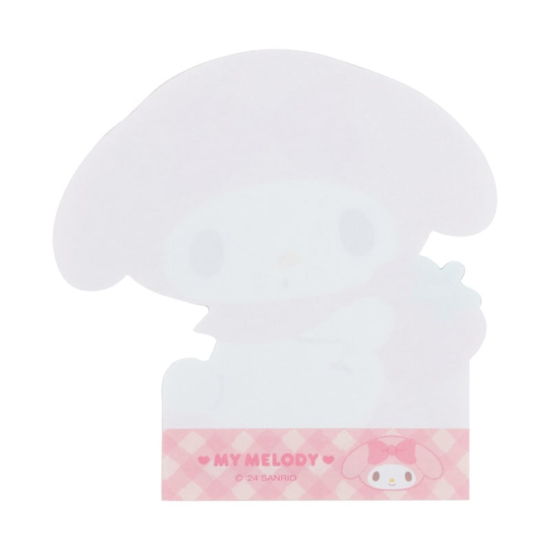 Top-down view of My Melody die-cut memo pad with colorful sheet designs