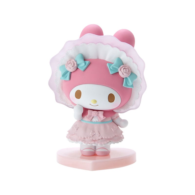 My Melody mini figurine in a decorative display box, front view