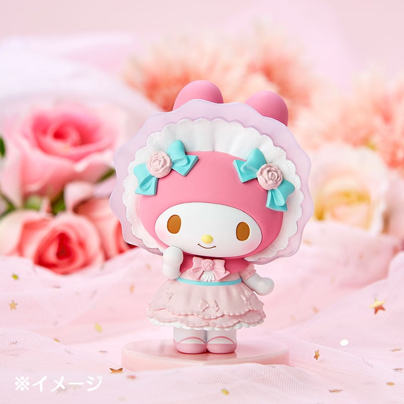 My Melody mini figurine in a decorative display box, front view