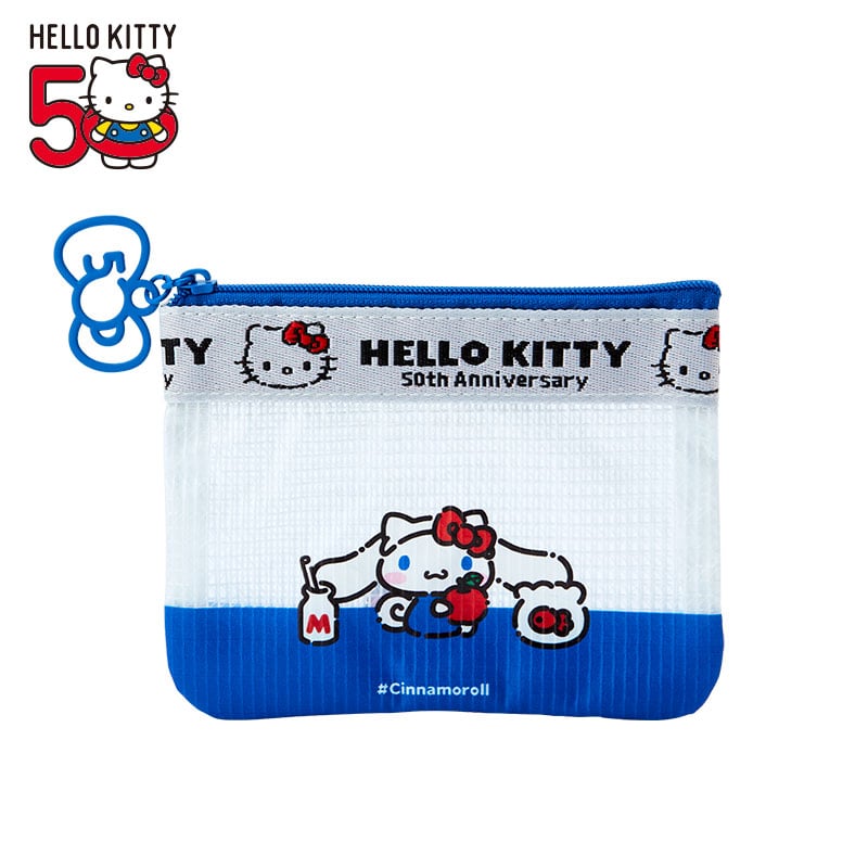 Front view of Hello Kitty Cinnamoroll pouch with bow charm