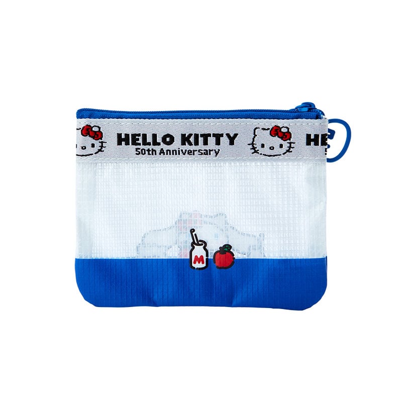 Zipper detail of Cinnamoroll mini pouch featuring Hello Kitty artwork