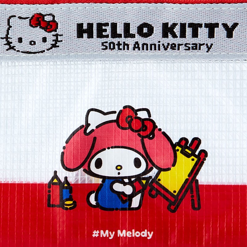 Close-up of 50th anniversary artwork on Bottega mini pouch-inspired case