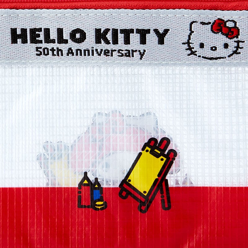 Front view of Hello Kitty cosmetic pouch with My Melody design and red bow charm