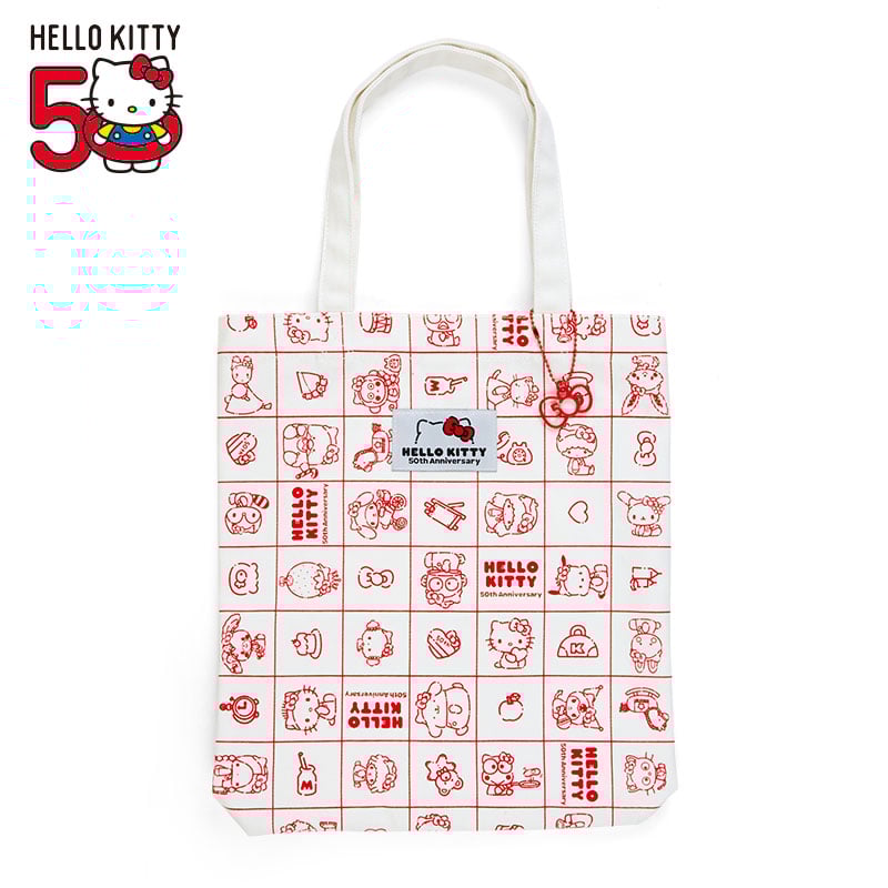 Close-up of Hello Kitty tote bag with Sanrio characters and magnetic closure