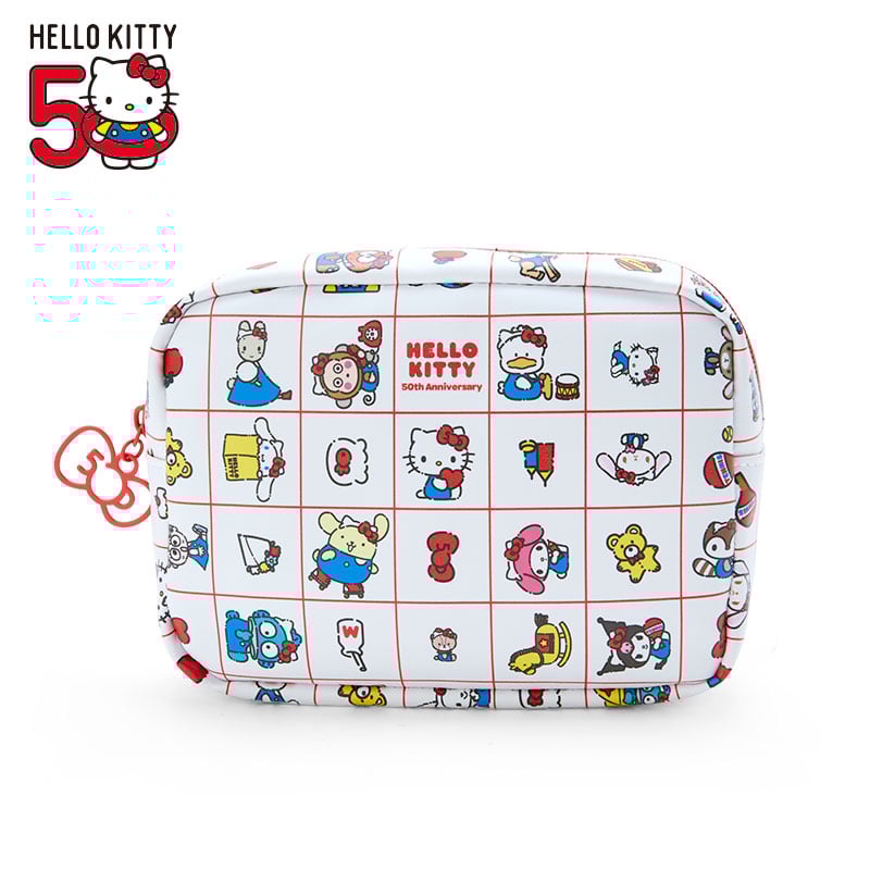 Hello Kitty 50th Anniversary cosmetic pouch open, showing internal pockets.