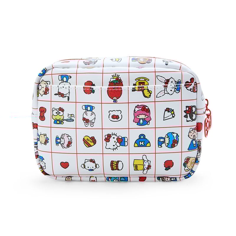 Hello Kitty 50th Anniversary cosmetic pouch open, showing internal pockets.