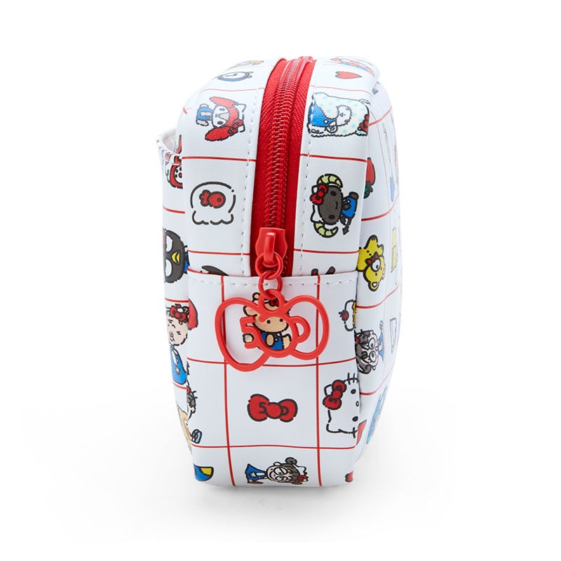 Hello Kitty 50th Anniversary cosmetic pouch open, showing internal pockets.
