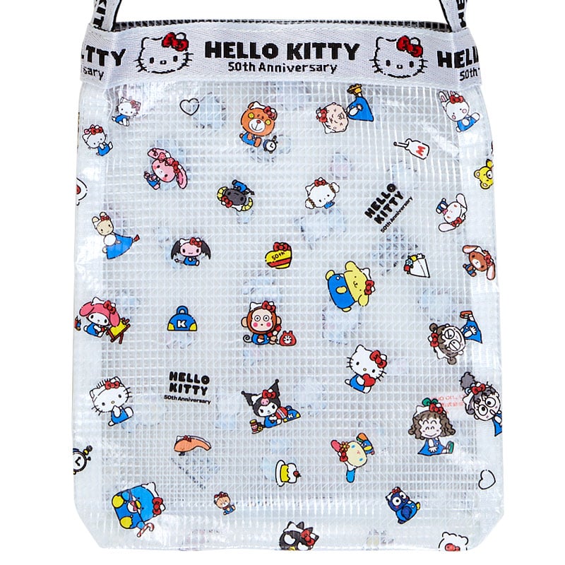 Close-up of the Hello Kitty 50th anniversary logo on the bags strap.