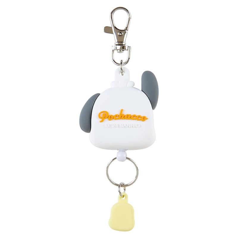 Side view of the PVC badge reel showing the playful Pochacco face design