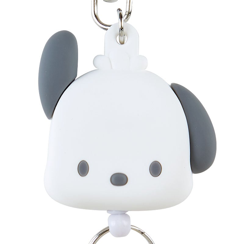 Side view of the PVC badge reel showing the playful Pochacco face design