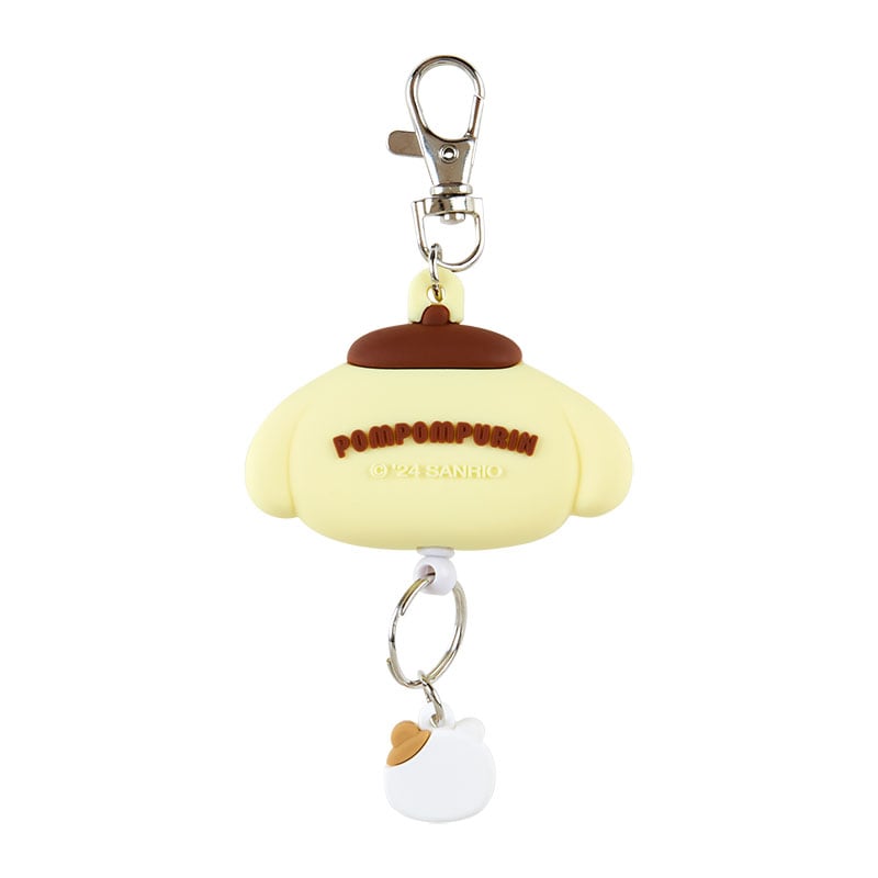Front view of the Pompompurin badge reel with lobster clasp and keychain detail