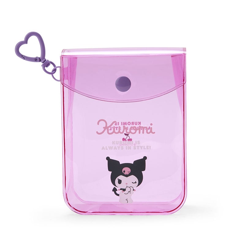 Kuromi Sanrio makeup bag held open, showing interior space