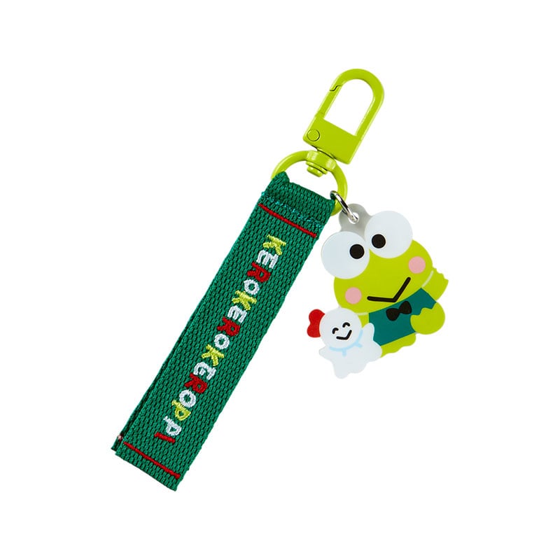 Close-up of Keroppi keychain embroidered tag and clasp