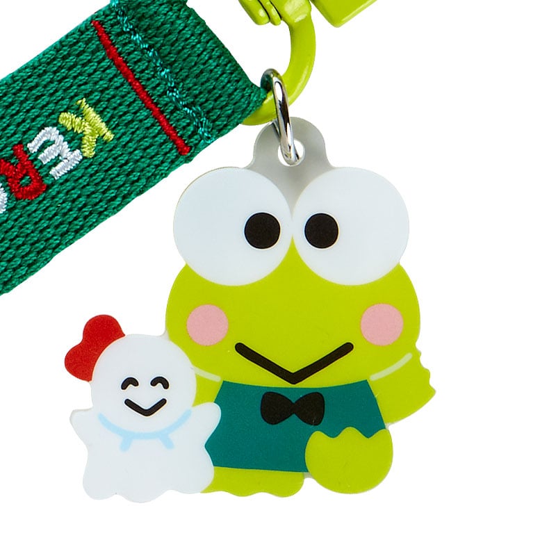Keroppi Sanrio keychain clipped onto a canvas tote for daily use