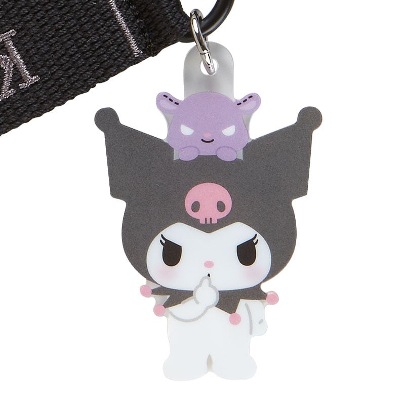 Close-up shot of the Kuromi logo keychain with embroidered name tag