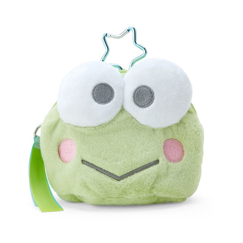 Keroppi plush pouch with clear window and keychain, front view