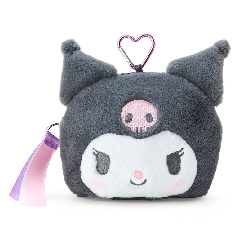 Front view of the Kuromi plush pouch showcasing its cute face and clear window.
