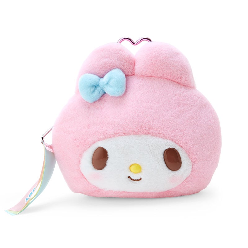 Close-up of My Melody plush mini bag showing embroidered face and soft texture