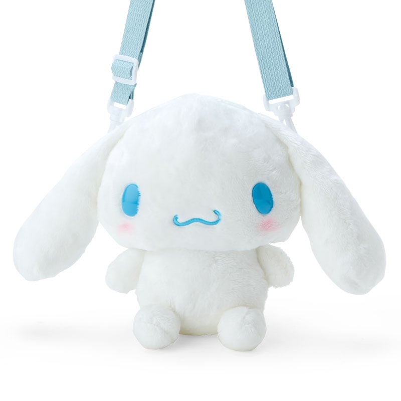 Front view of the plush Cinnamoroll bag with adjustable strap for versatile wear