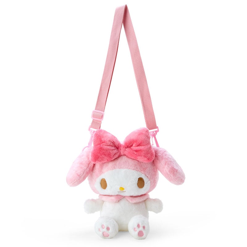 Front view of My Melody plush bag showing adjustable straps