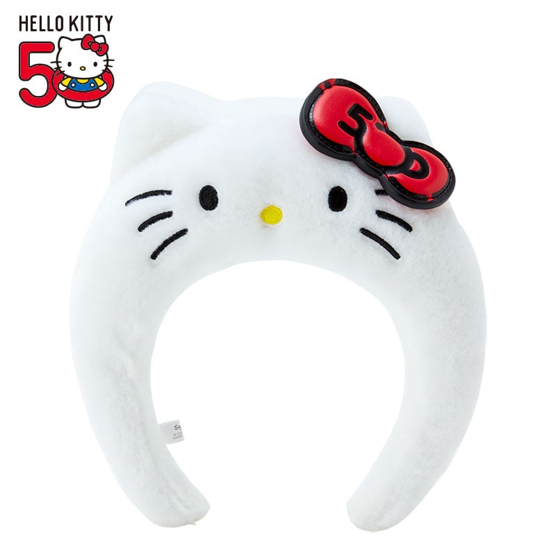 Hello Kitty plush headband with a special 50th anniversary bow, front view