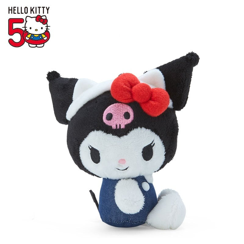 Front view of Kuromi plush keychain featuring iconic overalls.