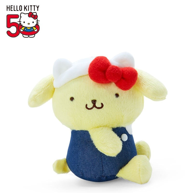 Front view of Pompompurin plush keychain with Hello Kitty style.