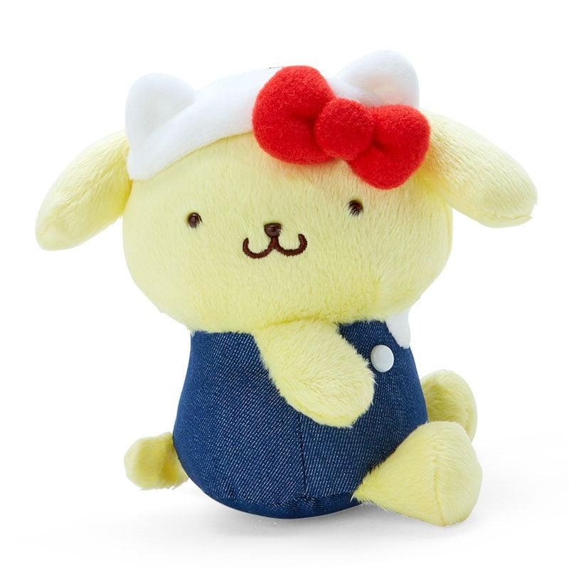 Front view of Pompompurin plush keychain with Hello Kitty style.