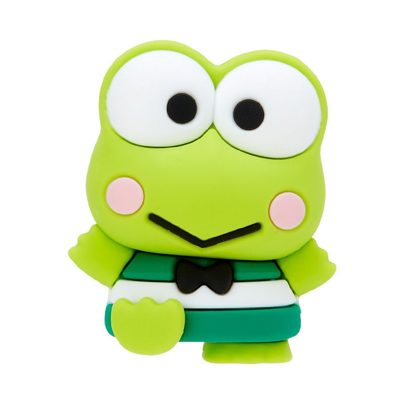 Side view of die cut car magnet featuring Keroppi placed on an office cabinet.