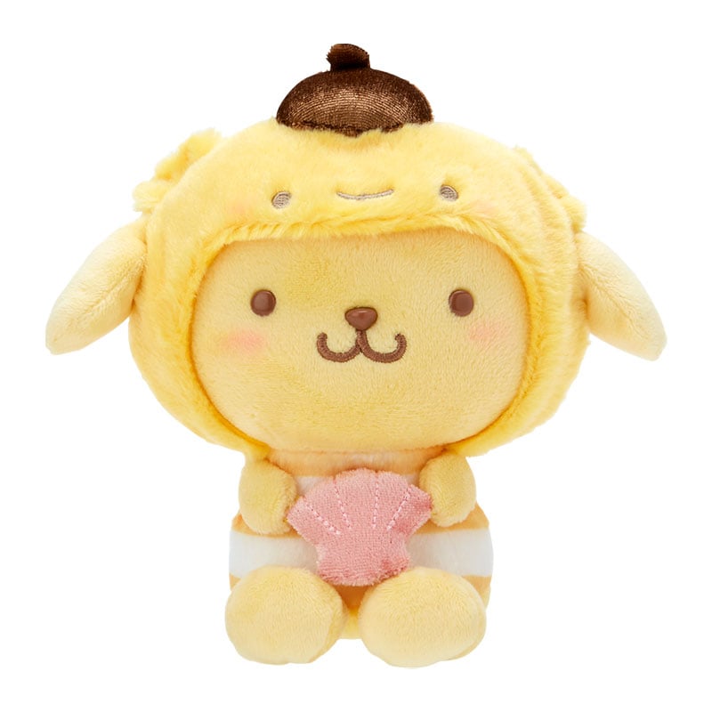 Pompompurin clownfish plush toy with embroidered details and seashell accent, front view
