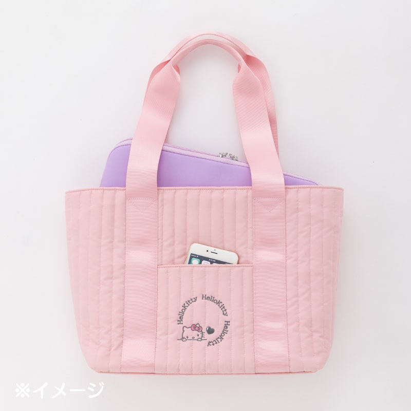 Front view of Hello Kitty quilted tote bag showcasing its design.