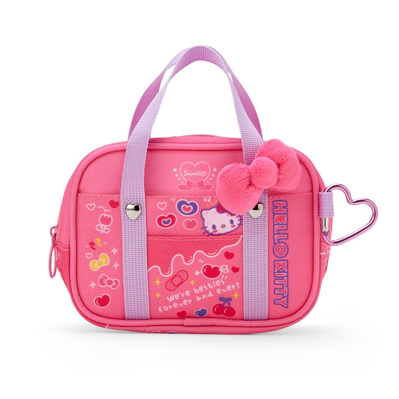 Front view of Hello Kitty mini handbag with carabiner and top handle