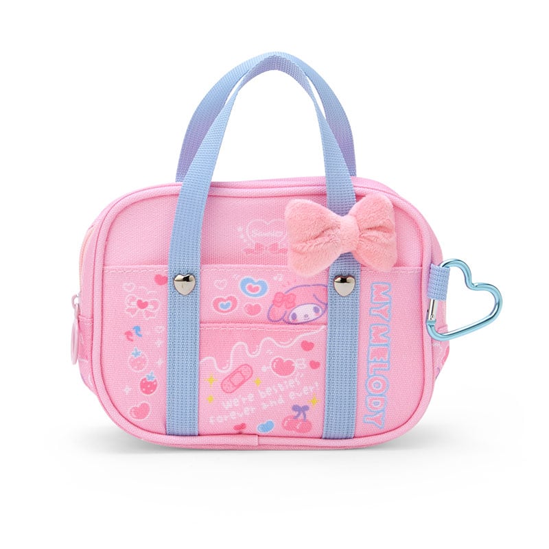 Front view of My Melody mini handbag with colorful design and top handle.