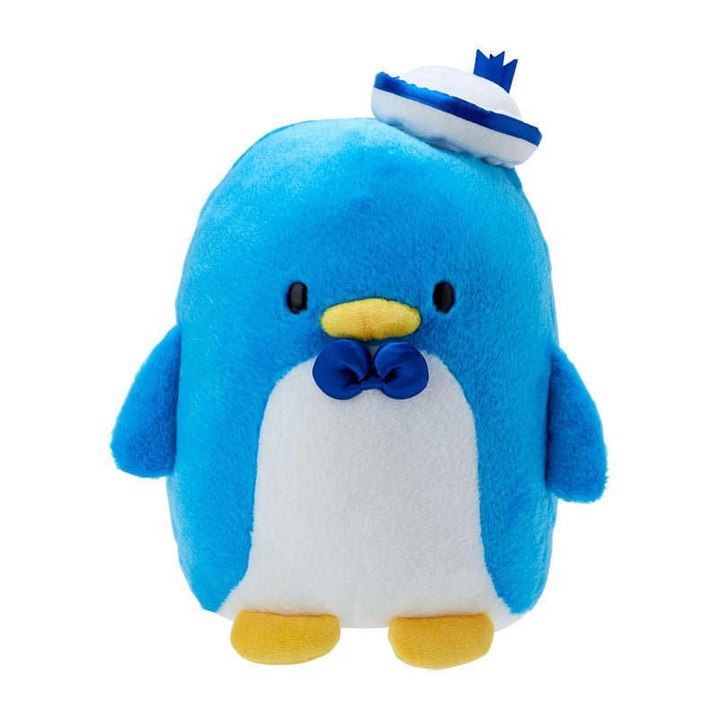 Front view of Tuxedosam plush toy with bow tie and embroidered anniversary logo