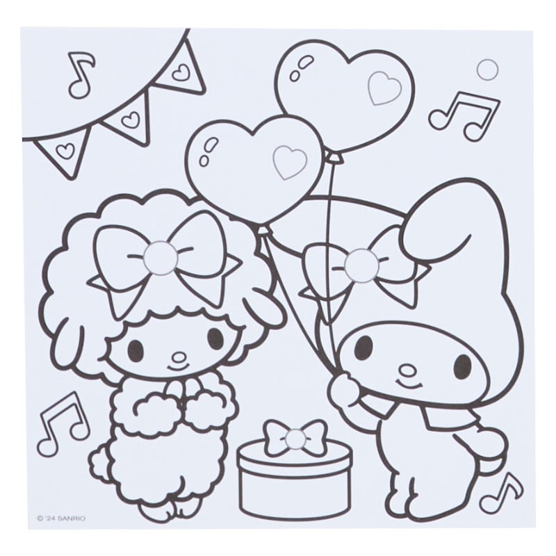 Sanrio mini coloring set with Hello Kitty stickers displayed on a table.