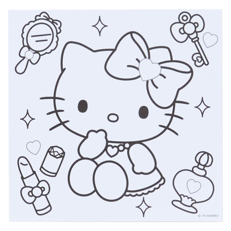 Sanrio mini coloring set with Hello Kitty stickers displayed on a table.