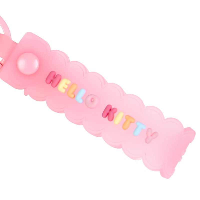 Close-up of the Hello Kitty plush keychain with a beaded design.