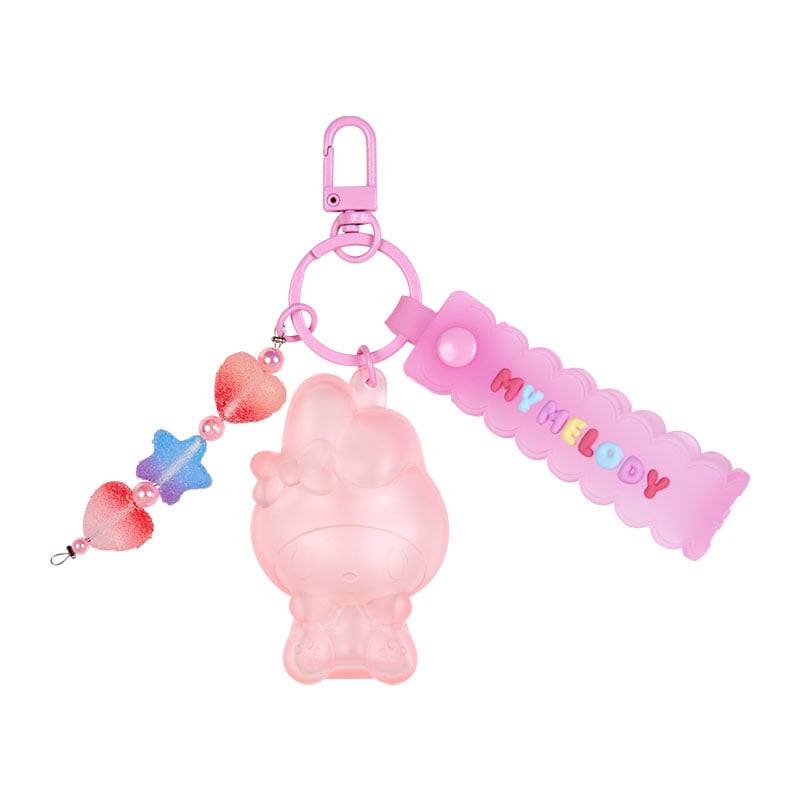 My Melody keychain attached to a backpack, showcasing its playful design