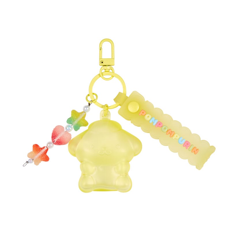 Pompompurin Sanrio keychain close-up, showing the beaded details and transparent design.