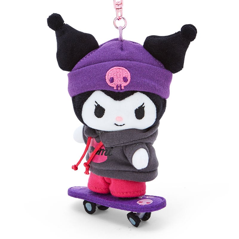 Kuromi Sanrio keychain attached to a tote bag, showing off its cool skate style