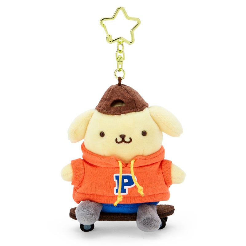 Pompompurin plush mascot keychain close-up, highlighting embroidered details