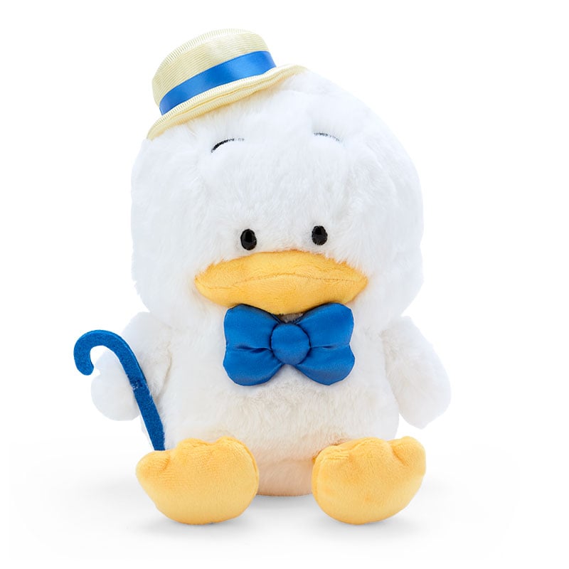 Pekkle plush toy in a blue hat and bow tie, smiling against a pastel background.