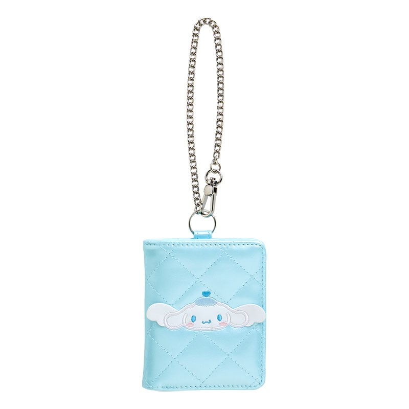Cinnamoroll card case with chain, front view, showcasing embroidered details