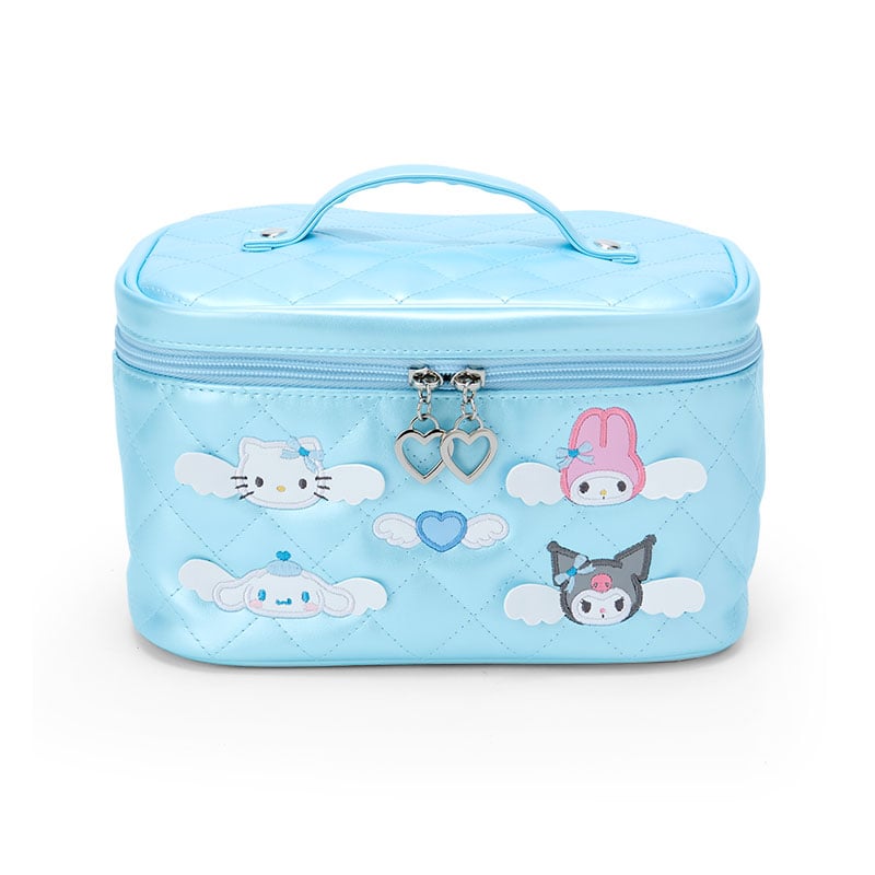 Close-up of quilted cosmetic pouch featuring heart zip pulls and angel-themed Sanrio design.