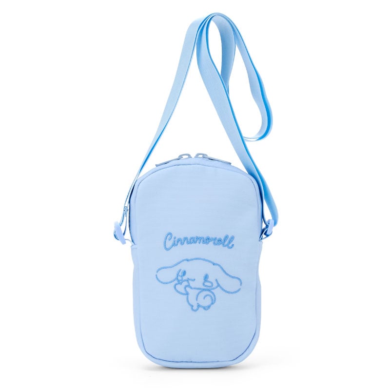 Front view of the Cinnamoroll embroidered mini crossbody bag highlighting the cute embroidery and compact size