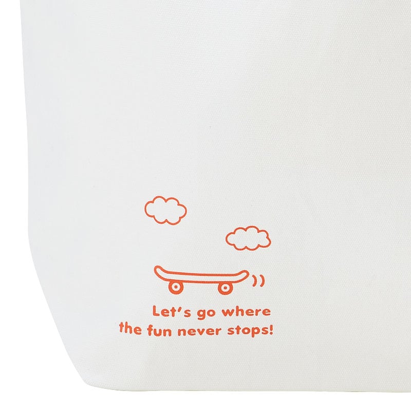 Front view of Sanrio tote bag with skate-themed characters in vibrant colors