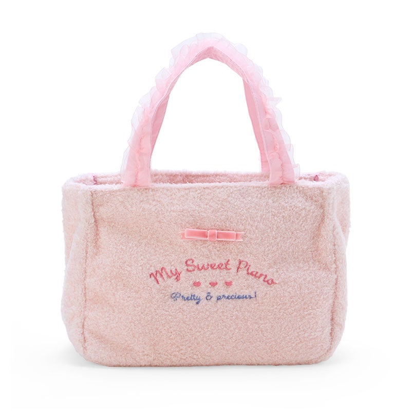Front view of My Sweet Piano plush handbag showcasing teddy bear ears and soft texture.